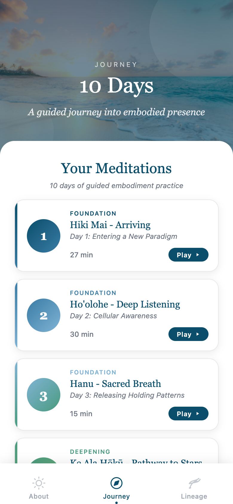Ho'omanamana App — Journey screen showing guided meditations